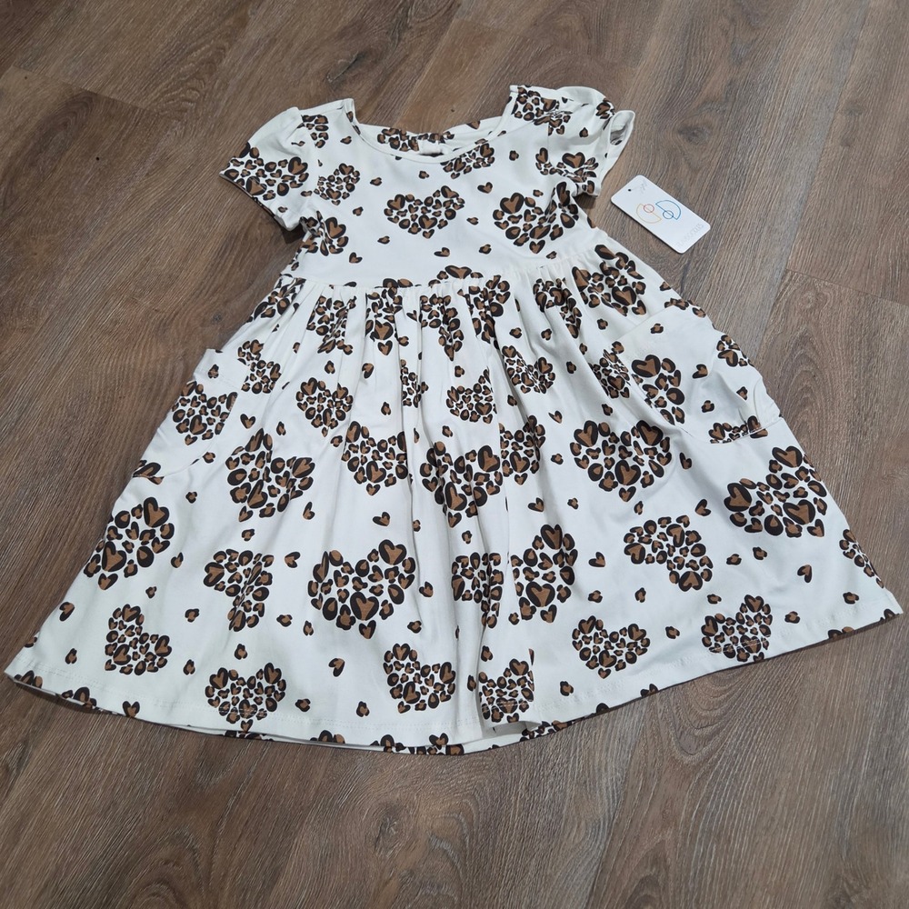 Flapdoodles Girls Heart Leopard Print Dress White Brown Short Sleeve Size 6 NWT